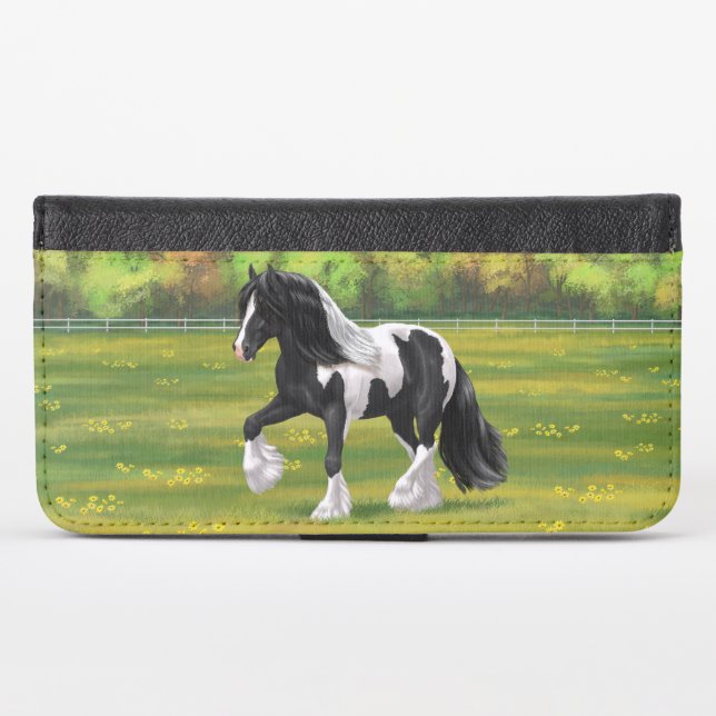 Black Pinto Piebald Gypsy Vanner Draft Horse iPhone Wallet Case (Front (Horizontal))