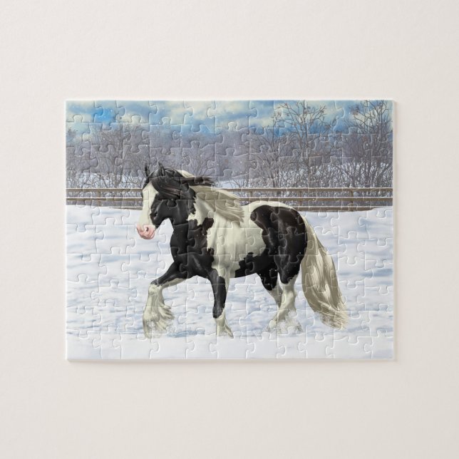 Black Pinto Piebald Gypsy Vanner Draft Horse Jigsaw Puzzle (Horizontal)
