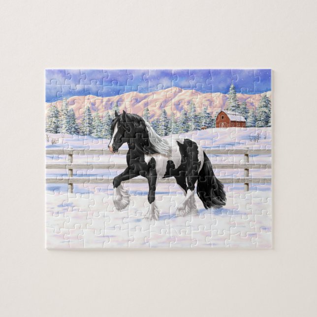 Black Pinto Piebald Gypsy Vanner Draft Horse Jigsaw Puzzle (Horizontal)