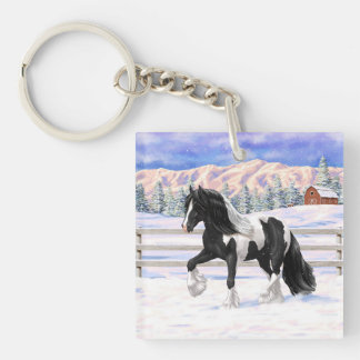 Black Pinto Piebald Gypsy Vanner Draft Horse Keychain