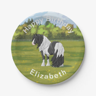 Black Pinto Piebald Gypsy Vanner Draft Horse Paper Plates