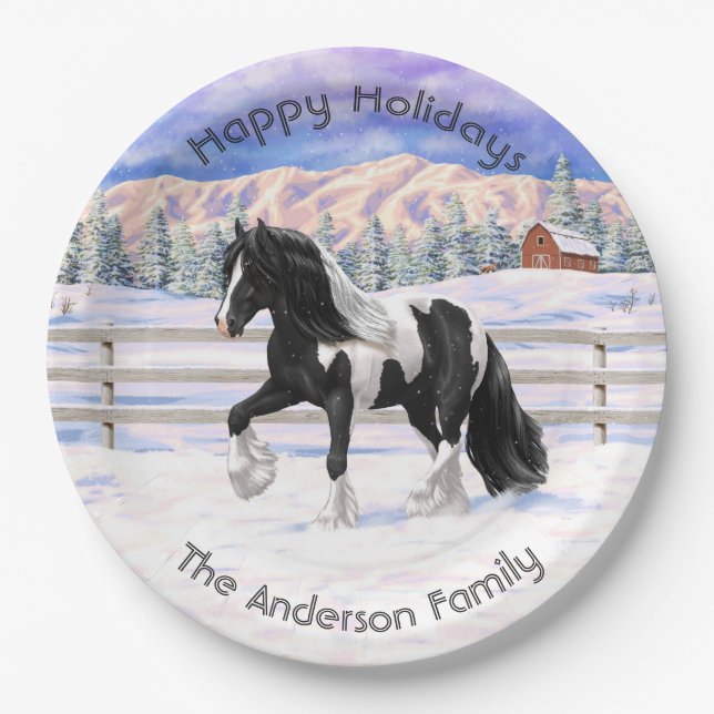 Black Pinto Piebald Gypsy Vanner Draft Horse Paper Plates (Front)