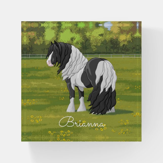 Black Pinto Piebald Gypsy Vanner Draft Horse Paperweight (Front)
