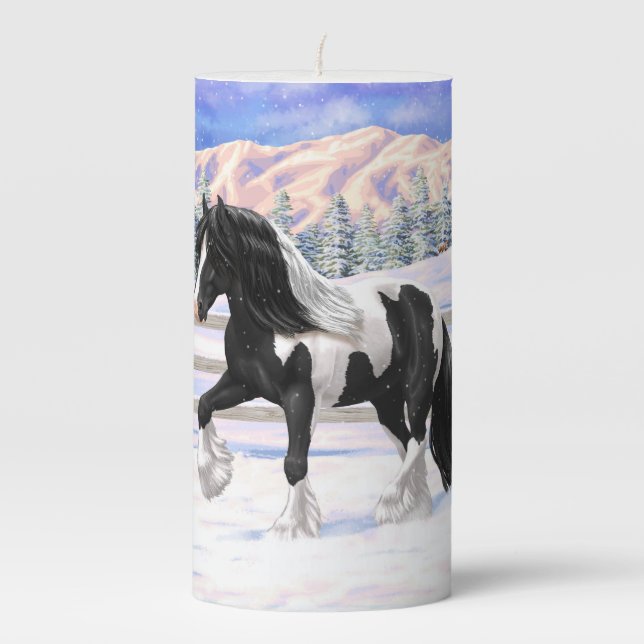 Black Pinto Piebald Gypsy Vanner Draft Horse Pillar Candle (Front)