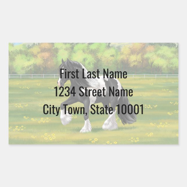 Black Pinto Piebald Gypsy Vanner Draft Horse Rectangular Sticker (Front)