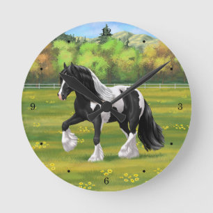 Black Pinto Piebald Gypsy Vanner Draft Horse Round Clock