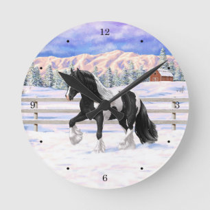 Black Pinto Piebald Gypsy Vanner Draft Horse Round Clock