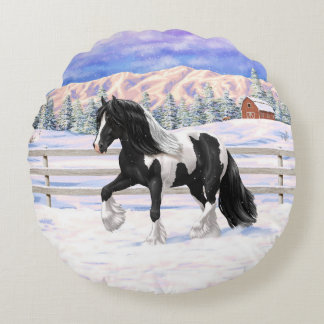 Black Pinto Piebald Gypsy Vanner Draft Horse Round Pillow