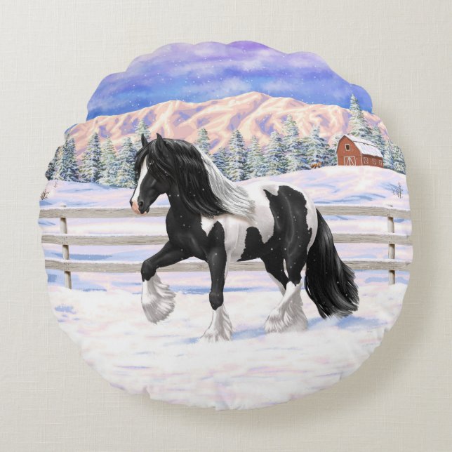 Black Pinto Piebald Gypsy Vanner Draft Horse Round Pillow (Front)