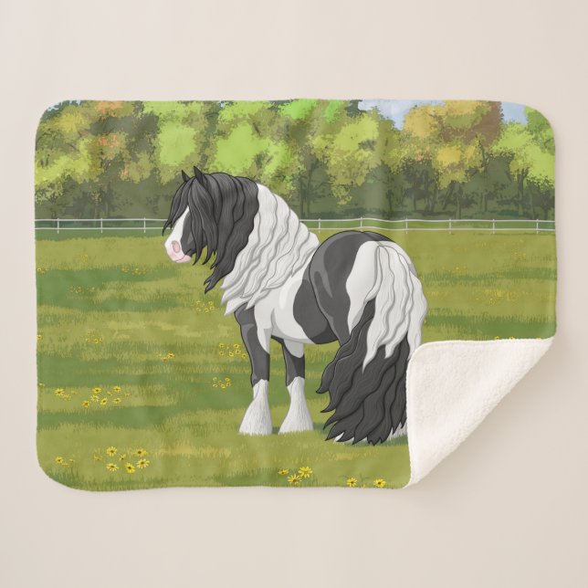 Black Pinto Piebald Gypsy Vanner Draft Horse Sherp Sherpa Blanket (Front (Horizontal))
