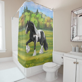 Black Pinto Piebald Gypsy Vanner Draft Horse Shower Curtain