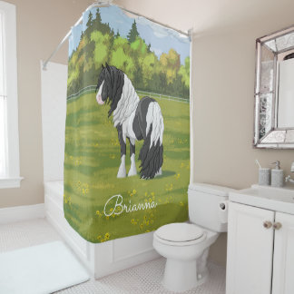 Black Pinto Piebald Gypsy Vanner Draft Horse Shower Curtain