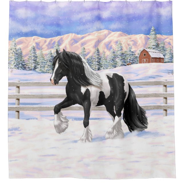Black Pinto Piebald Gypsy Vanner Draft Horse Shower Curtain (Front)