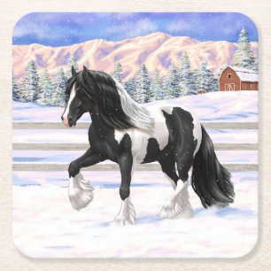 Black Pinto Piebald Gypsy Vanner Draft Horse Square Paper Coaster