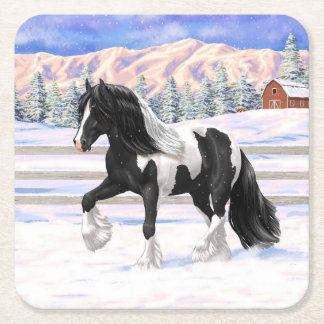 Black Pinto Piebald Gypsy Vanner Draft Horse Square Paper Coaster
