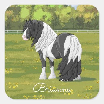 Black Pinto Piebald Gypsy Vanner Draft Horse Square Sticker by Fun_Forest at Zazzle