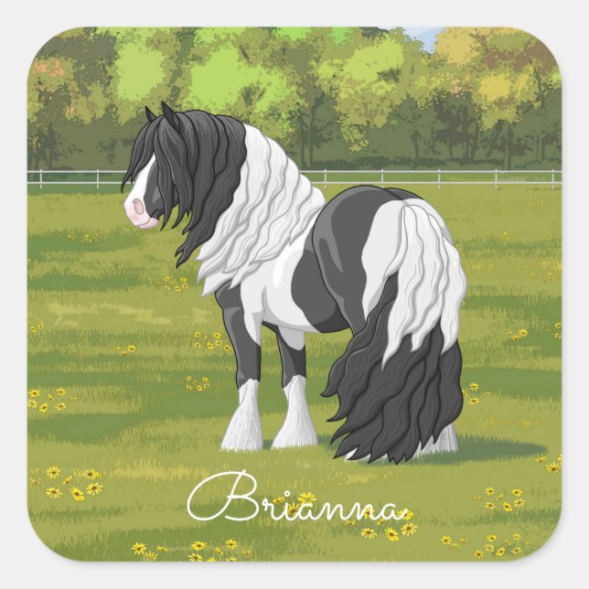 Black Pinto Piebald Gypsy Vanner Draft Horse Square Sticker (Front)