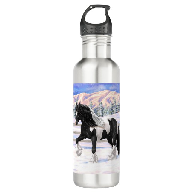 Black Pinto Piebald Gypsy Vanner Draft Horse Stainless Steel Water Bottle (Front)
