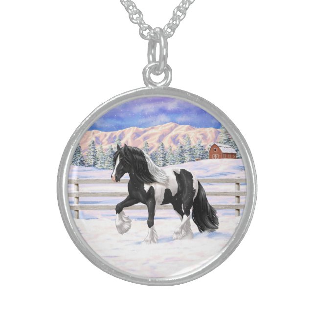 Black Pinto Piebald Gypsy Vanner Draft Horse Sterling Silver Necklace (Front)