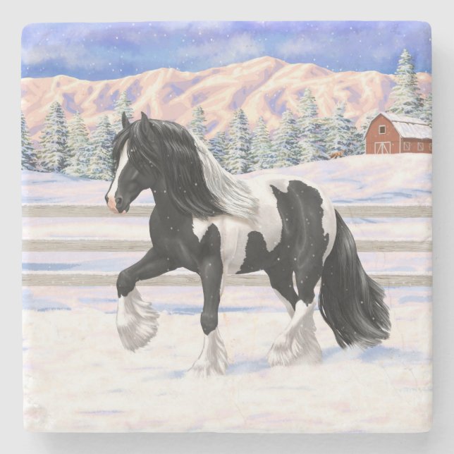 Black Pinto Piebald Gypsy Vanner Draft Horse Stone Coaster (Front)