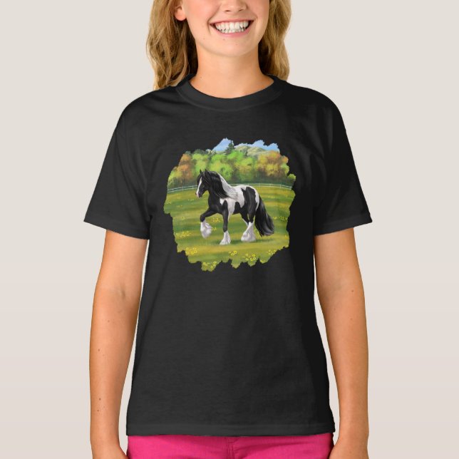 Black Pinto Piebald Gypsy Vanner Draft Horse T-Shirt (Front)