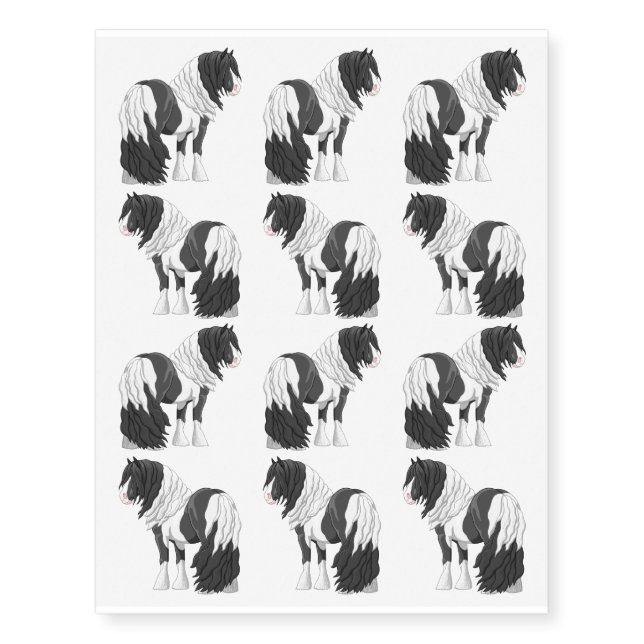 Black Pinto Piebald Gypsy Vanner Draft Horse Temporary Tattoos (Front)