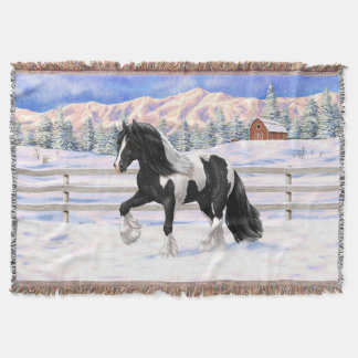 Black Pinto Piebald Gypsy Vanner Draft Horse Throw Blanket