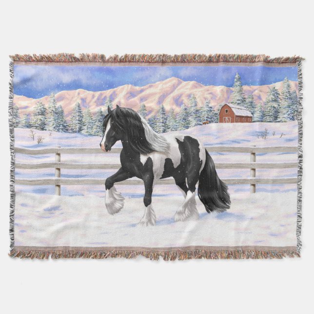 Black Pinto Piebald Gypsy Vanner Draft Horse Throw Blanket (Front)