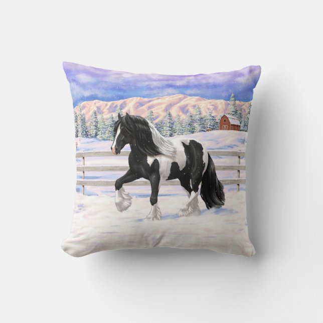 Black Pinto Piebald Gypsy Vanner Draft Horse Throw Pillow (Front)