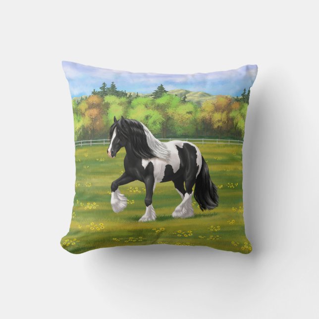 Black Pinto Piebald Gypsy Vanner Draft Horse Throw Pillow (Front)