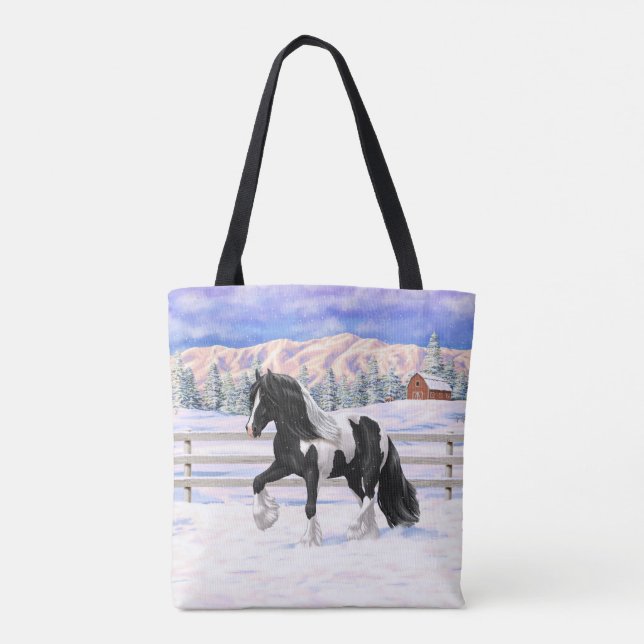 Black Pinto Piebald Gypsy Vanner Draft Horse Tote Bag (Back)