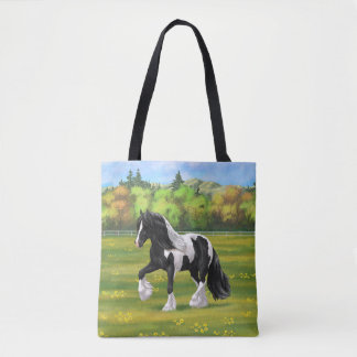 Black Pinto Piebald Gypsy Vanner Draft Horse Tote Bag