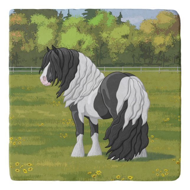 Black Pinto Piebald Gypsy Vanner Draft Horse Trivet (Front)