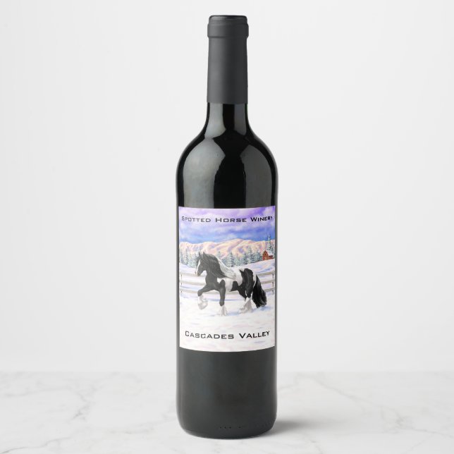 Black Pinto Piebald Gypsy Vanner Draft Horse Wine Label (Front)