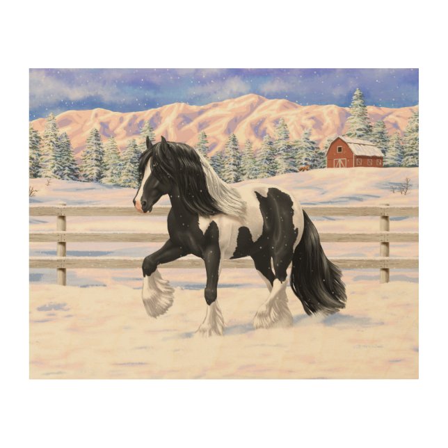 Black Pinto Piebald Gypsy Vanner Draft Horse Wood Wall Art (Front)