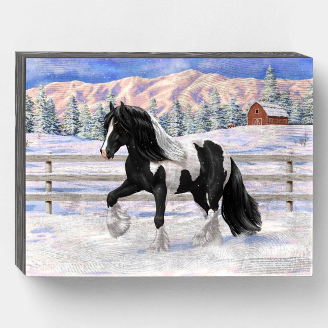 Black Pinto Piebald Gypsy Vanner Draft Horse Wooden Box Sign (Front Horizontal)