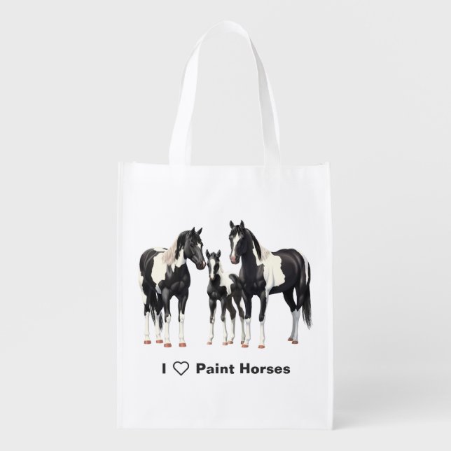 Black Pinto Quarter Horse Paint Horses Grocery Bag (Front)