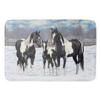 Black Pinto Quarter Horse Paint Horses In Snow Bathroom Mat