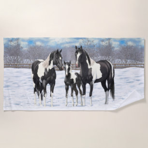 Black Pinto Quarter Horse Paint Horses In Snow Beach Towel