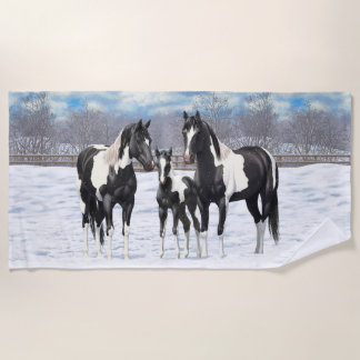 Black Pinto Quarter Horse Paint Horses In Snow Beach Towel