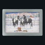 Black Pinto Quarter Horse Paint Horses In Snow Belt Buckle<br><div class="desc">A family of black paint horses in winter.</div>