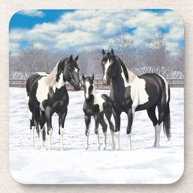 Black Pinto Quarter Horse Paint Horses In Snow Beverage Coaster (Front)