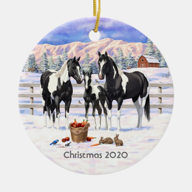 Black Pinto Quarter Horse Paint Horses In Snow Ceramic Ornament (Front)