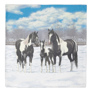 Black Pinto Quarter Horse Paint Horses In Snow Duvet Cover
