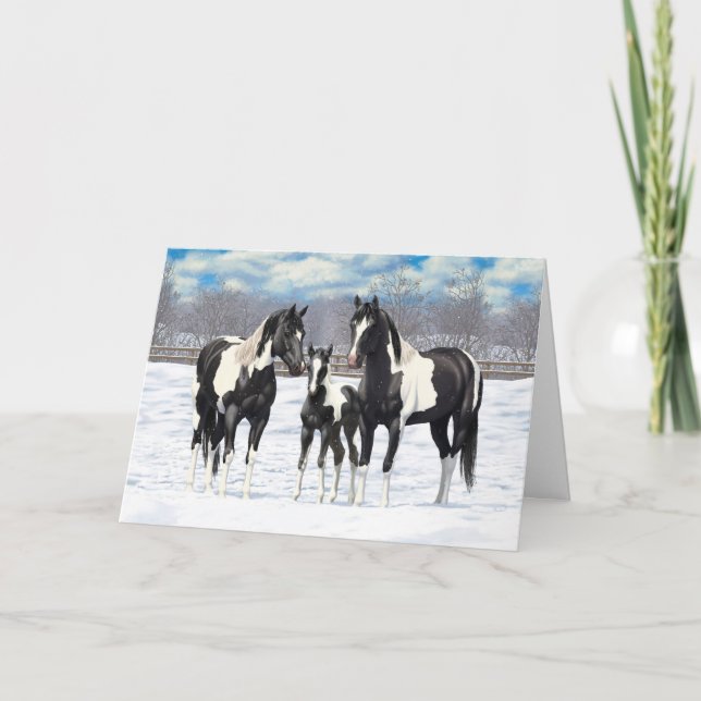 Black Pinto Quarter Horse Paint Horses In Snow Holiday Card (Front)