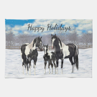 Black Pinto Quarter Horse Paint Horses In Snow Kitchen Towel