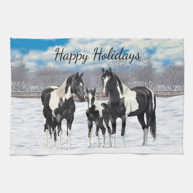 Black Pinto Quarter Horse Paint Horses In Snow Kitchen Towel (Horizontal)