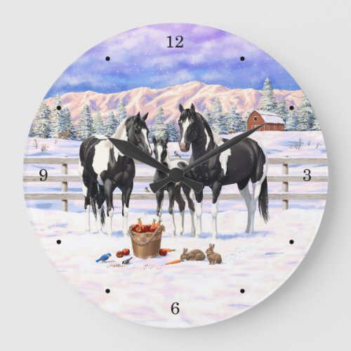 Black Pinto Quarter Horse Paint Horses In Snow Large Clock