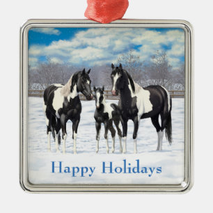 Black Pinto Quarter Horse Paint Horses In Snow Metal Ornament