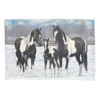 Black Pinto Quarter Horse Paint Horses In Snow Pillowcase